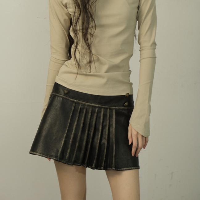 LVETONG 가죽치마 헤비워크 레트로 워빙 플리츠 레더 스커트