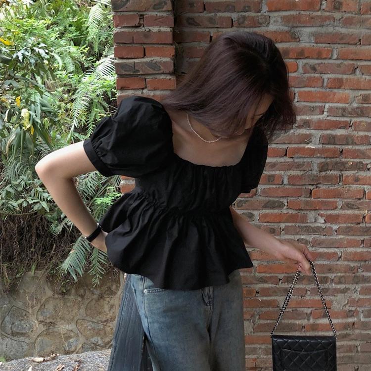 샤인글램 (당일출고/하객룩) 반팔 오프숄더 스퀘어넥 퍼프 셔링 A라인 페플럼 플레어 크롭 블라우스 셔츠 2color_BL5005