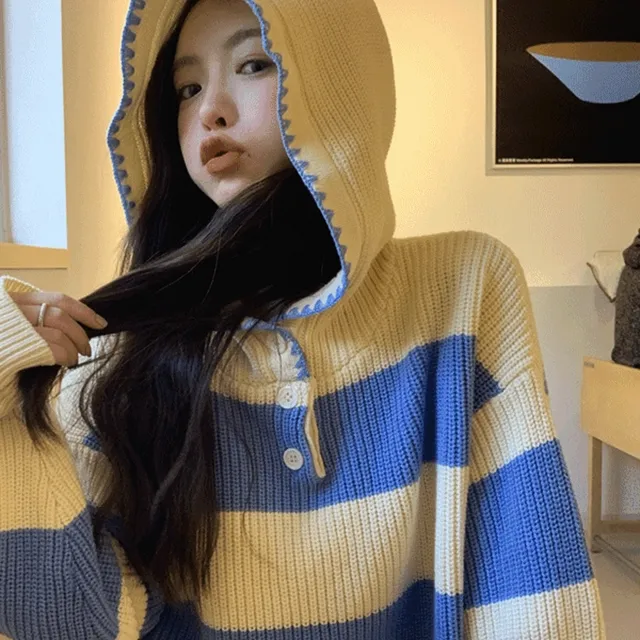 루나 루즈핏 스트라이프 후드 니트