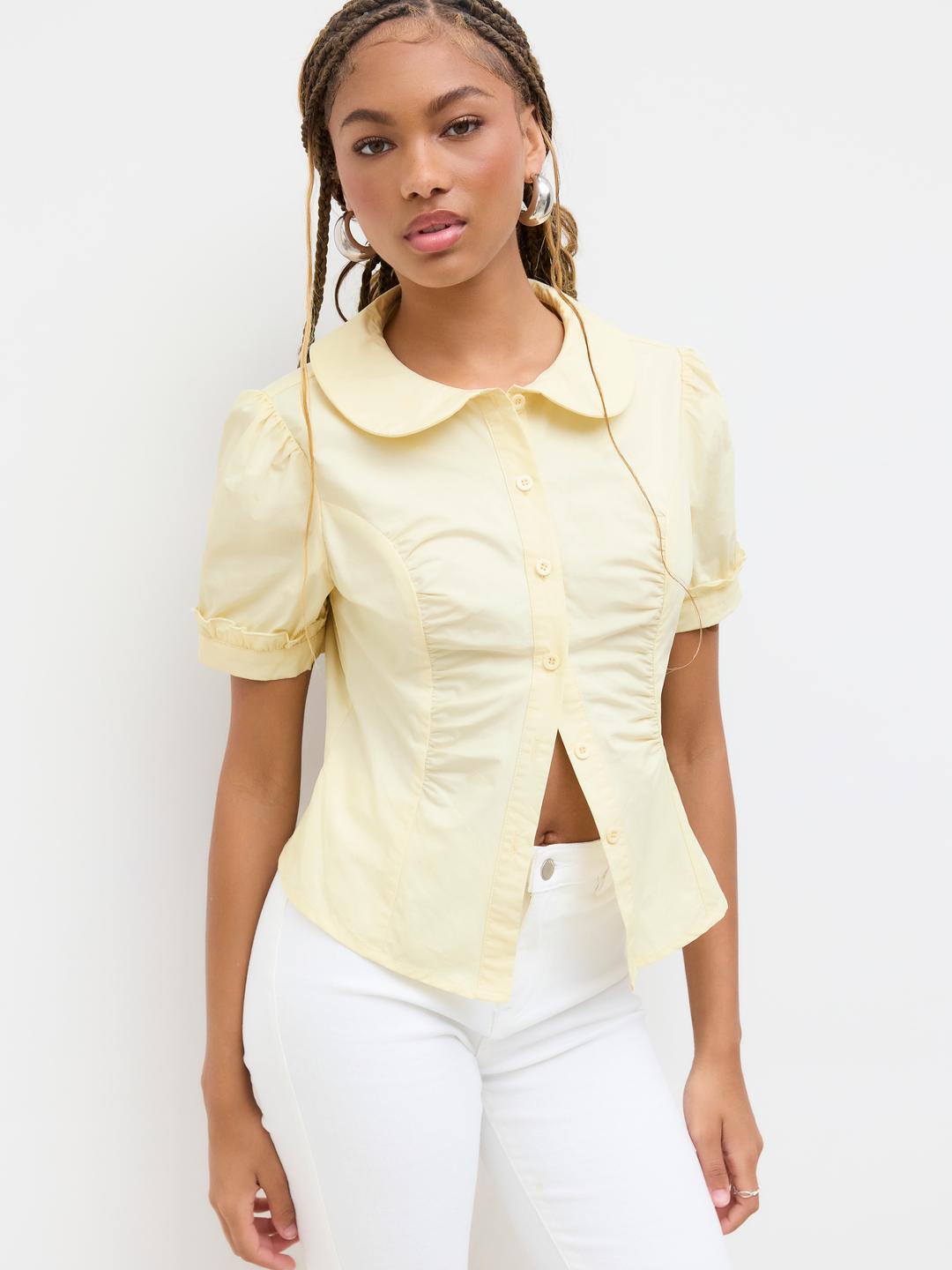 100% Cotton Peter Pan Collar Ruched Short Sleeve Blouse