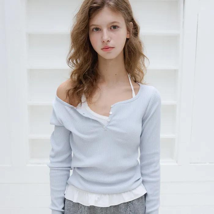 레터즈 버튼 하트넥 티셔츠 ( 블루그레이 )