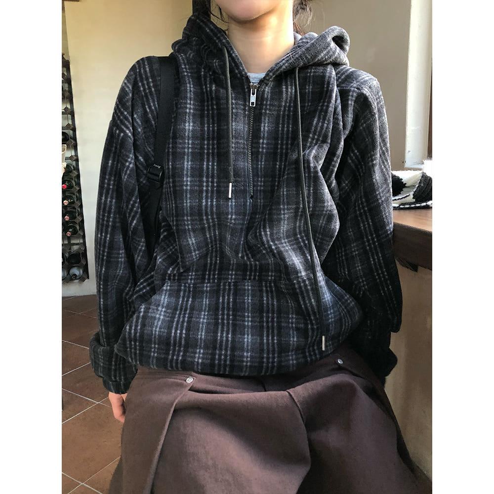 트리 체크 후리스 후드 반집업 (2color)