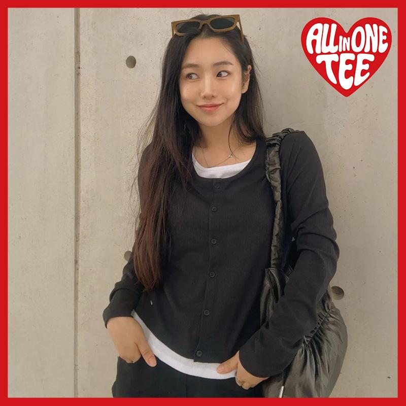 행텐 여성 웨일 슬림핏 가디건 레이어드 티셔츠_블랙