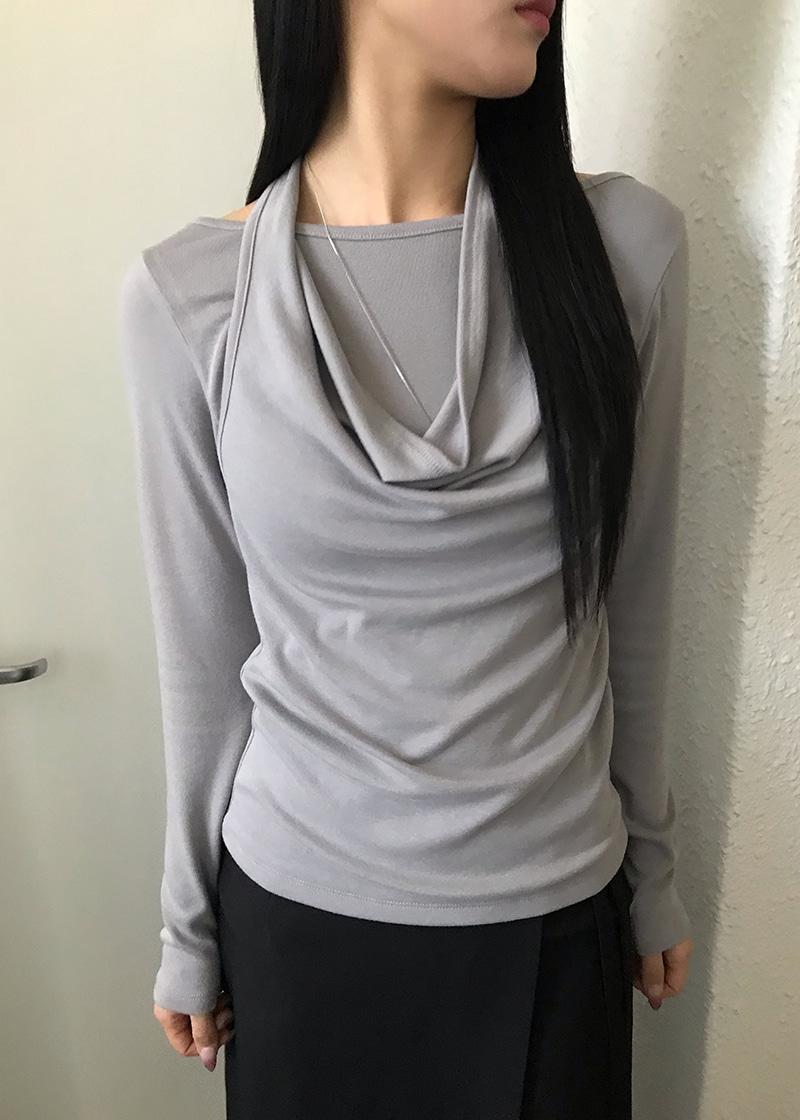 구렌 홀터 레이어드 드레이프 티셔츠 - 그레이 당일발송
