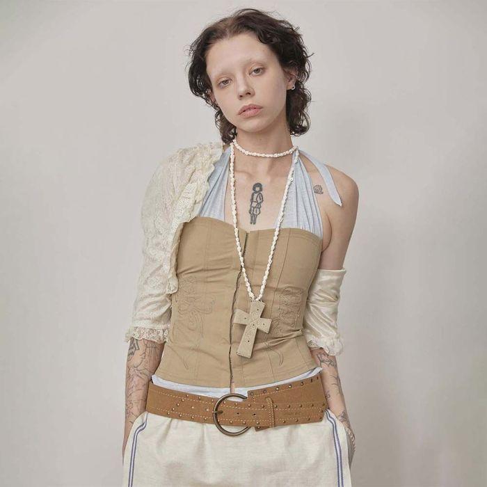 Farm Corset Halter Top Beige/Sky Blue