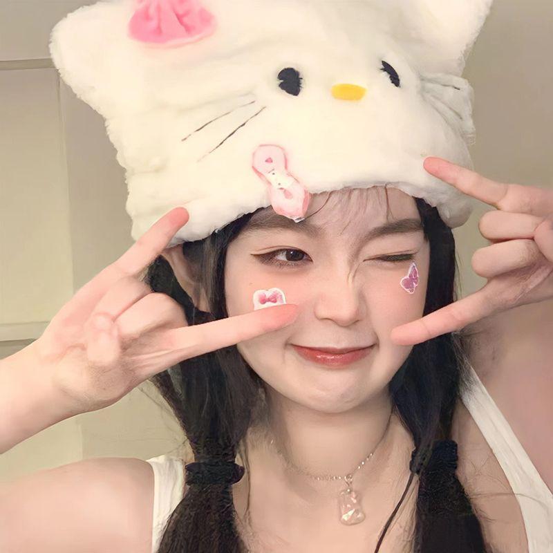 헬로 키티 모자, 귀여운 달콤한 아름다움 따뜻한 모자, 여성 비니 방풍 모자, 가을 겨울 두꺼운 모자, 학생 소녀 봉제 모자 선물