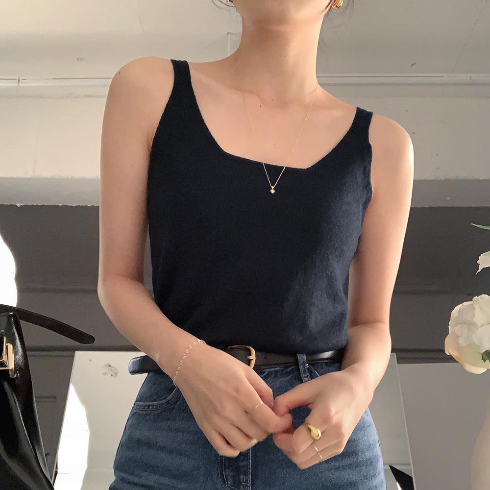 엘모 니트 슬리브리스 탑 (네이비), (free)