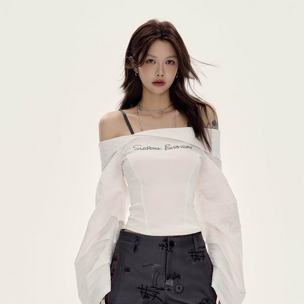 Letter Embroidery Off-Shoulder Long Sleeve Top