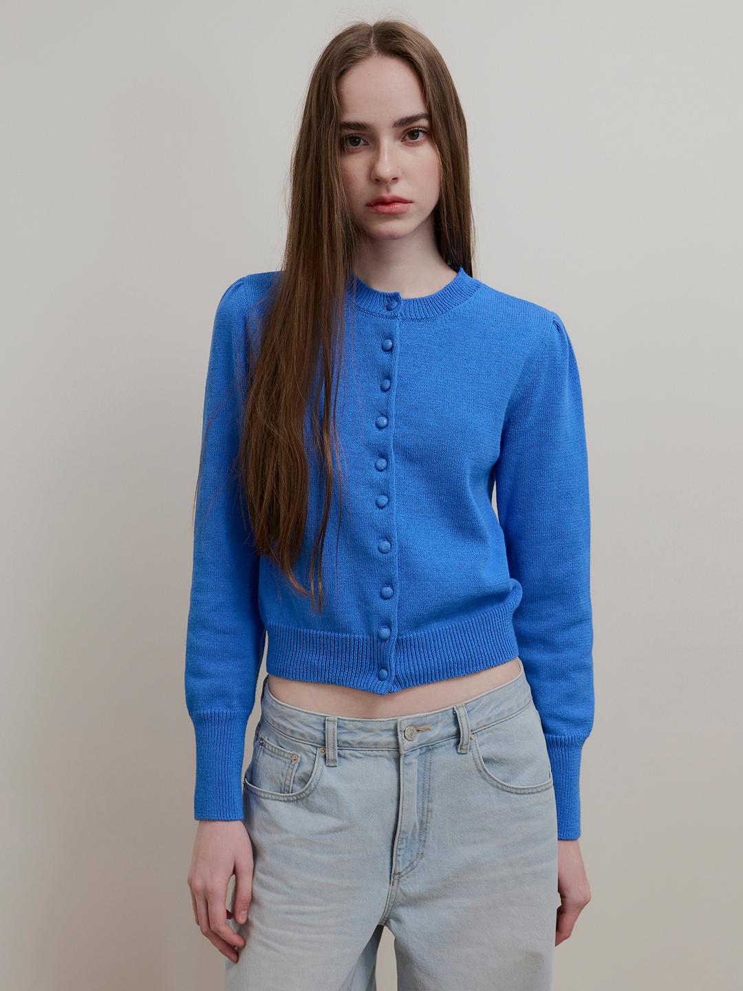 COVERED BUTTON PUFF CARDIGAN - BLUE
