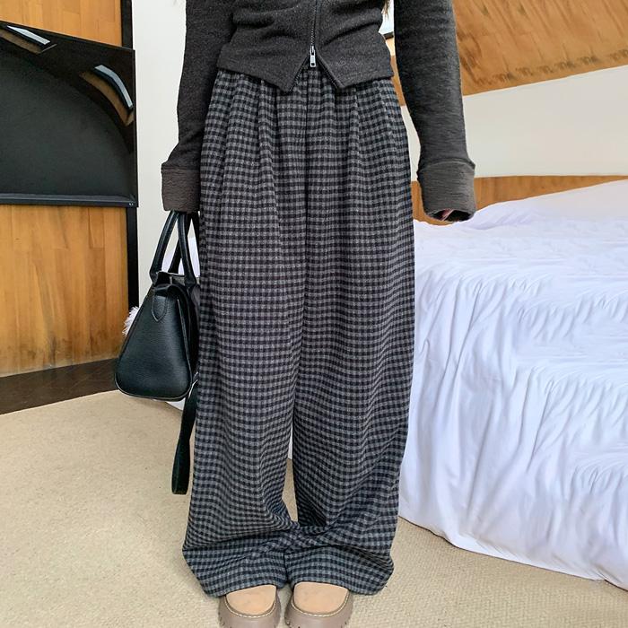 힙샷 템브 핀턱 체크 울 팬츠