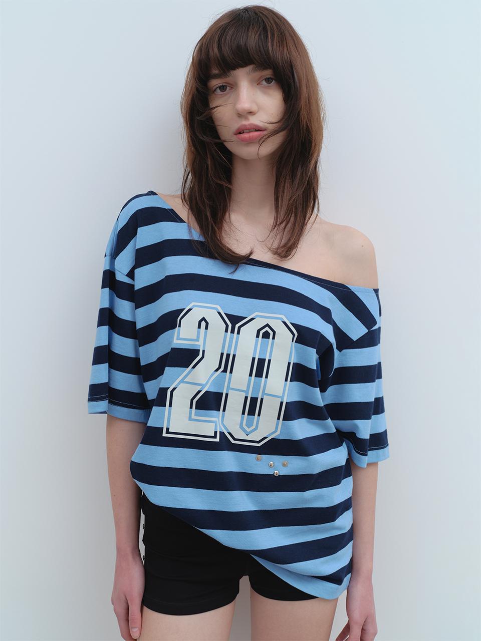 Off-Shoulder Stripe T-Shirts [Blue]