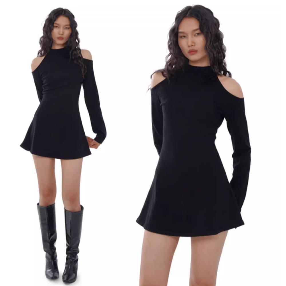 SWEETCHILLING 스위트칠링 원피스 오프숄더 플로럴 홀터넥 플레어 원피스 (블랙)