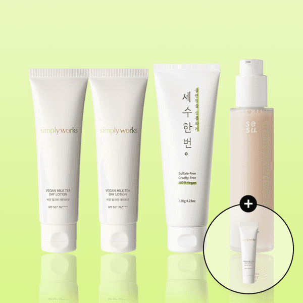 [30%] 비건 밀크티 데이로션 2개 + 세수한번 폼클렌저 1개 + 비건 밀크티 클렌저 1개