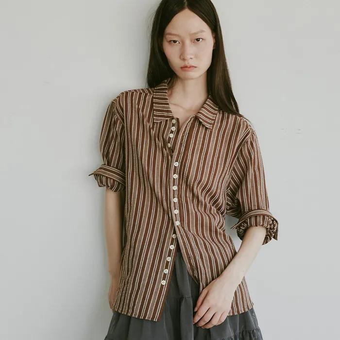 SUMMER STRIPE BUTTON SHIRT, BROWN