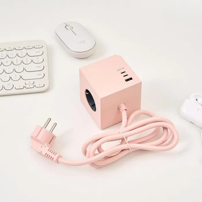 인테리어 컬러 큐브 멀티탭 3구+1USB+2C 핑크