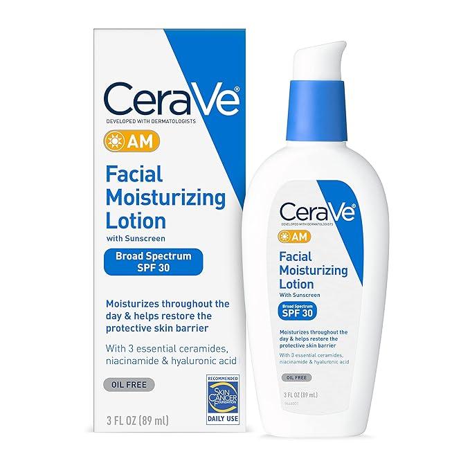 CeraVe AM 페이셜 모이스처라이징 로션 SPF 30 | 자외선 차단 기능이 있는 오일 프리 페이스 모이스처라이저 | 논코메도제닉 | 85g(3온스)