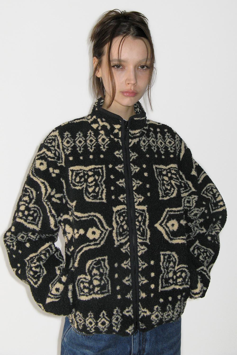 Paisley Fleece Zip-up, BLACK