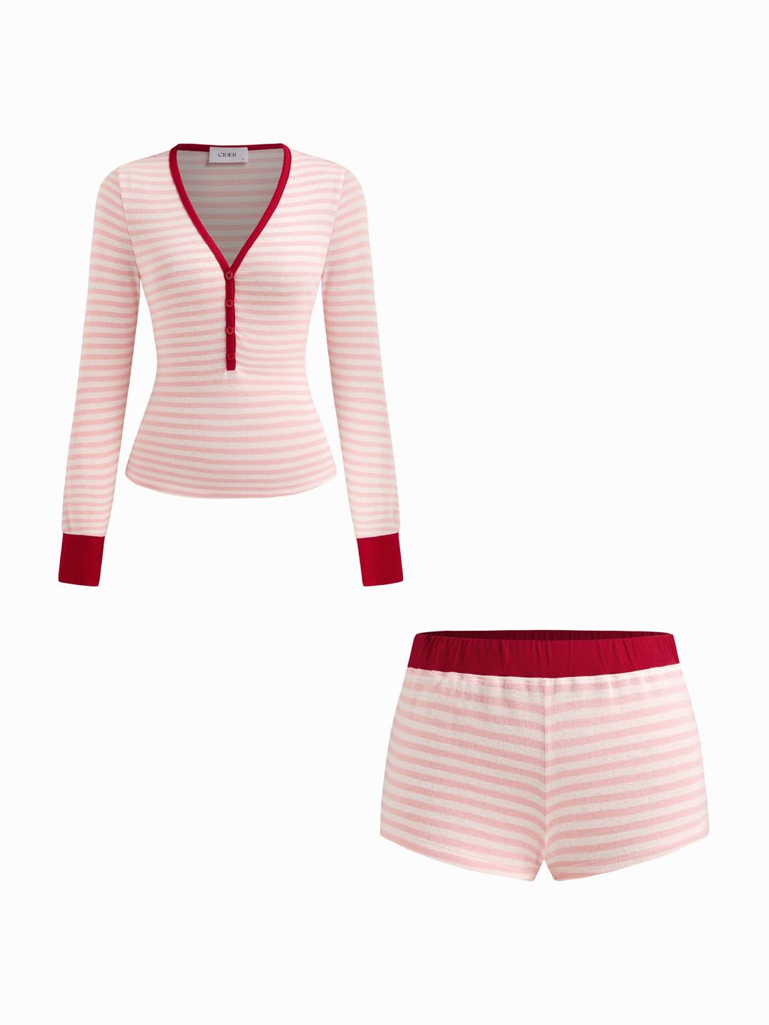 V-neck Stripe Contrasting Binding Long Sleeve Top & Mid Rise Shorts Loungewear Set