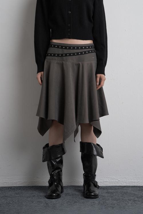 EYELET UNBALANCED MIDI SKIRT CHARCOAL