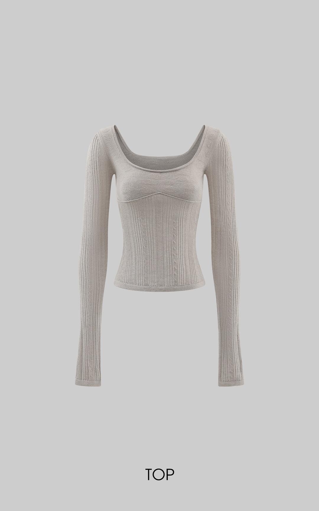 Rase le sol Grey Knit Sheer Long Sleeve Top with Minimalist Bra Layered Set