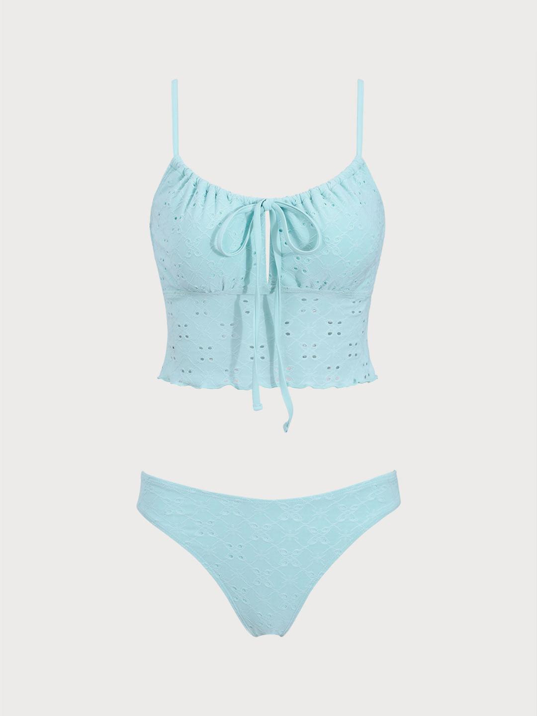 Light Blue Textured Cut Out Tankini Swimsuit