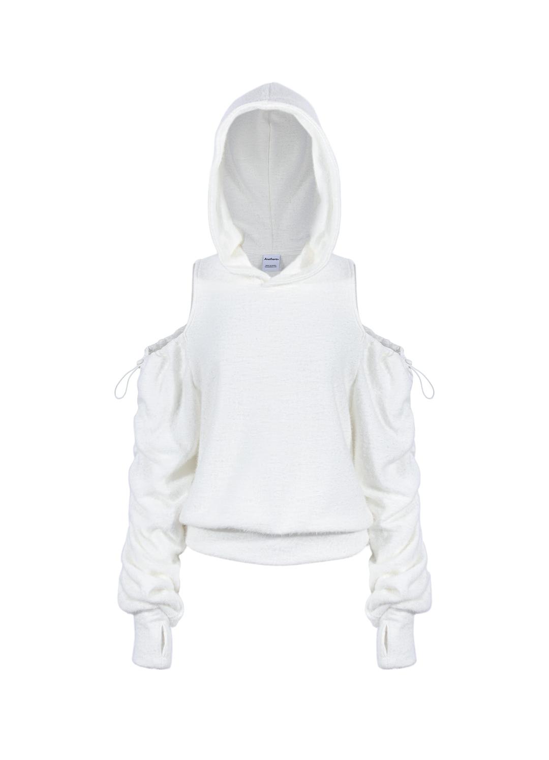 CUT OUT OFF SHOULDER ANGORA HOODIE _Ivory