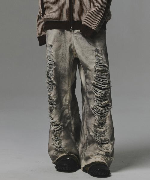 Camo Layered Destroyed Denim Pants - Ivory