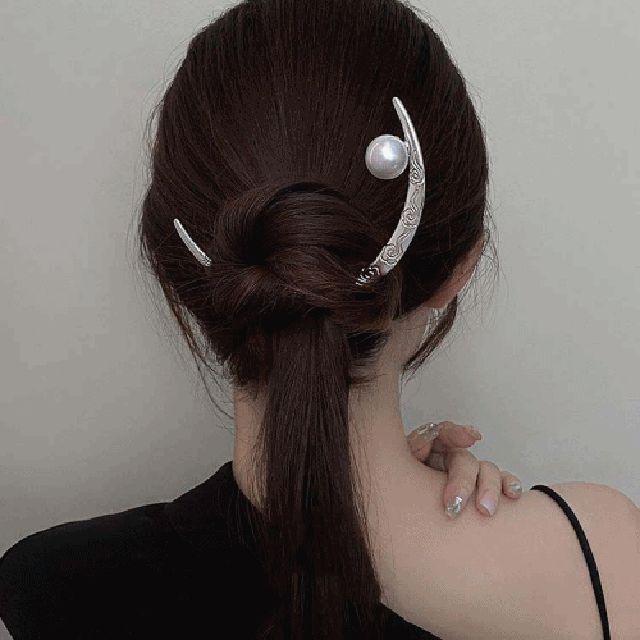 [당일 출고][2 TYPE] 메탈 진주 달 비녀 볼드 유니크 데일리 머리 끈 우아한 파티 헤어 악세사리