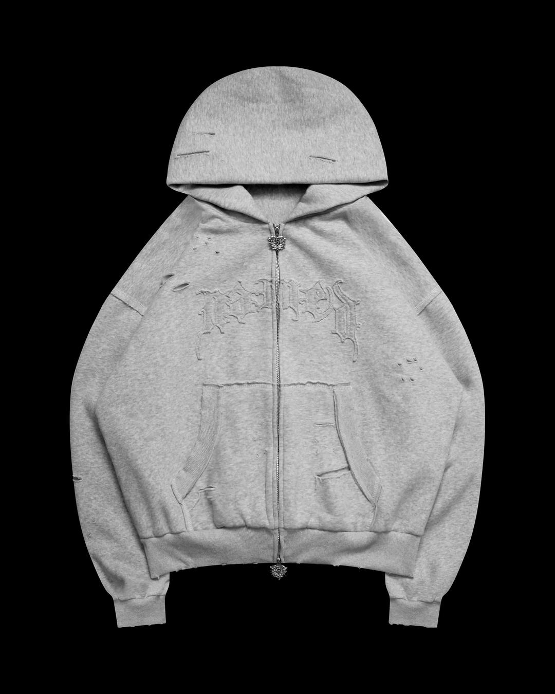 CURSE DISTRESSED ZIP HOODIE GREY MARL - XS