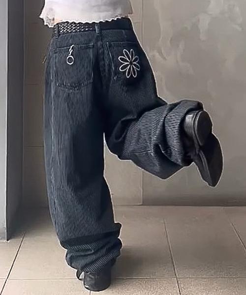 리플렉티브 플라워 스트라이프 벌룬 팬츠_네이비