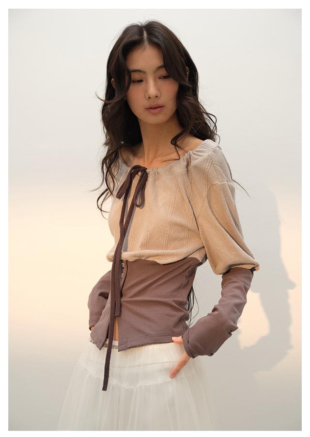 Lvetong French round neck bow tie blouse