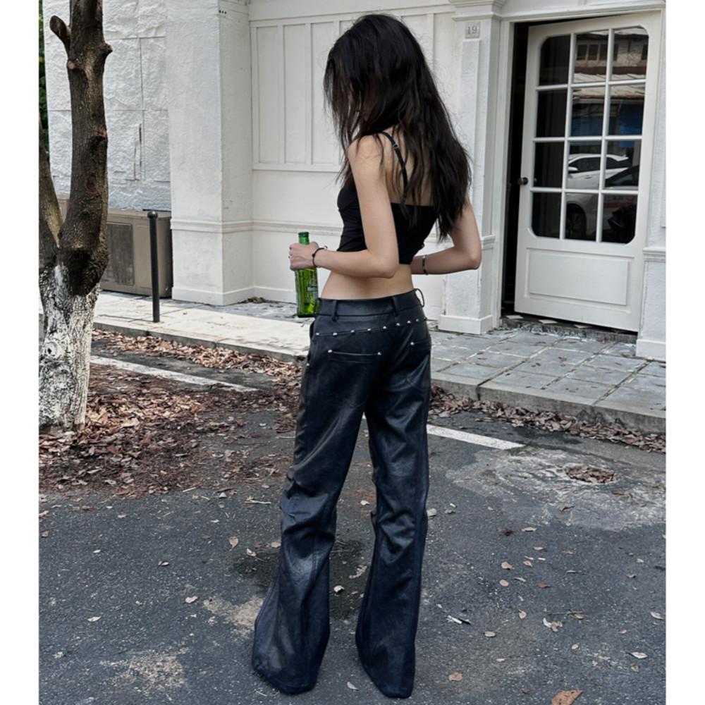 FULLTIDE 팬츠 로우웨이스트 리벳 플레어 와이드 PU 가죽 팬츠