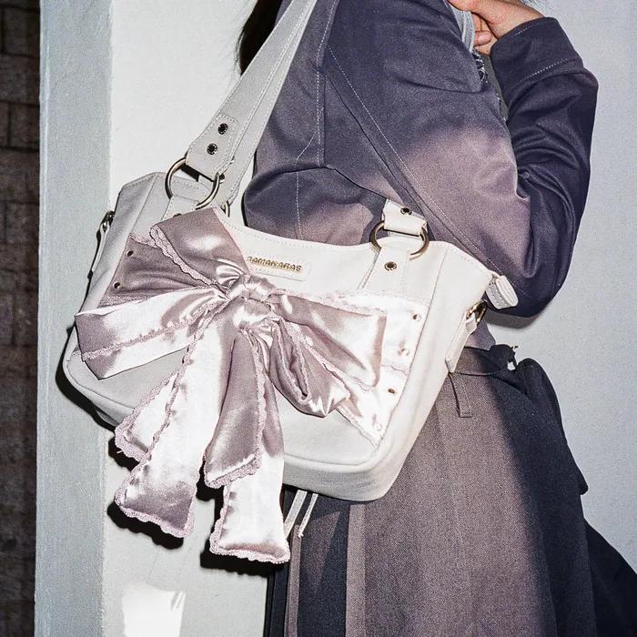 Laced Ribbon Leather Shoulder Bag (Light Purple)