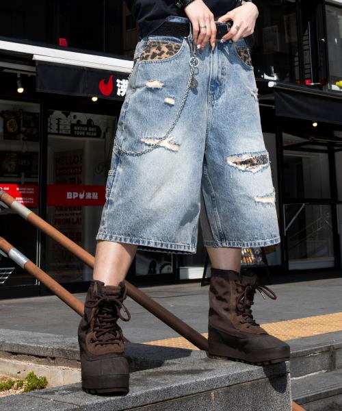 XF012 레오파드 카펜더 버뮤다 데님 팬츠 (BLUE)