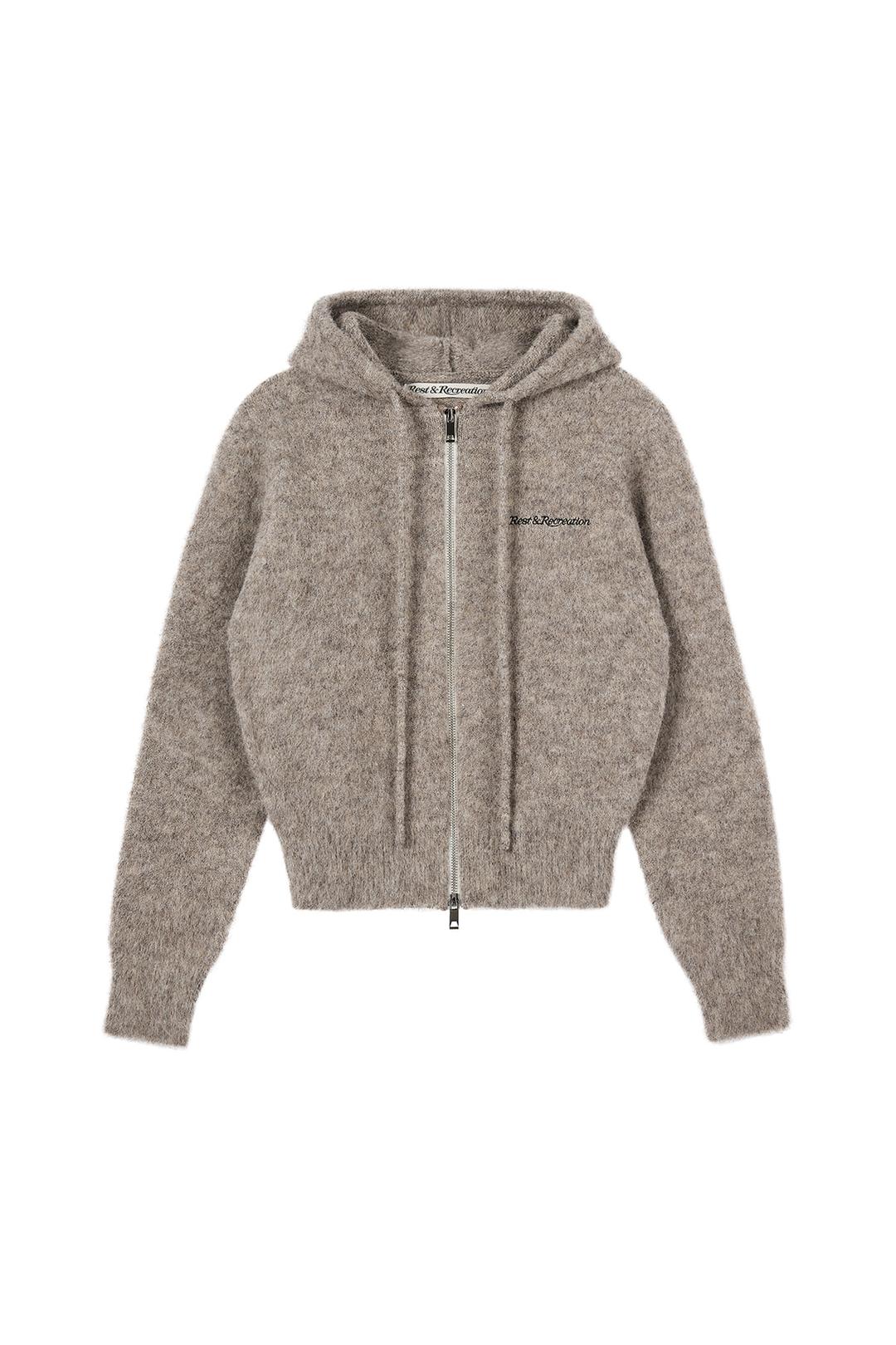 HAIRY KNIT HOOD ZIP-UP - BROWN