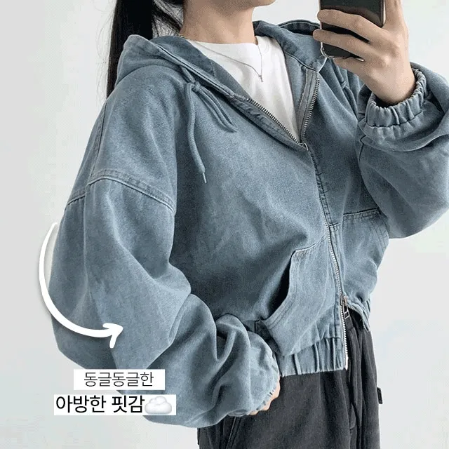 [아방핏💞/투웨이] 리틀 소두핏 후드 빈티지 워싱 밴딩 크롭 데님자켓