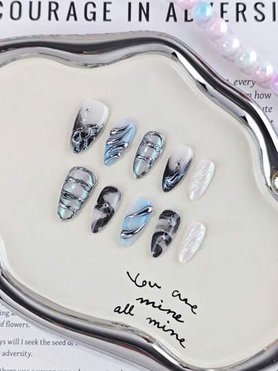10pcs Handmade Press-On Nails, Almond Shape, Medium Length, Blue Color With Elegant Silver Patterns, Sweet And Cool Style, Suitable For Daily Wear And Events, Great As Gifts For Women/Girls, Includes 1pc Jelly Pad And 1pc Nail File