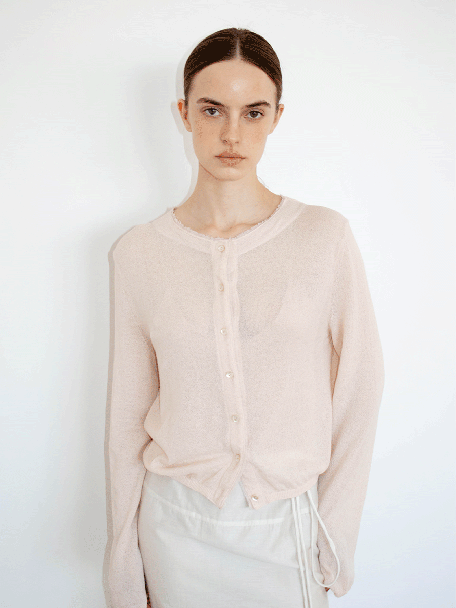 [ 예약배송 : 5/22 ] TVR LINEN SHEER FRINGE KNIT CARDIGAN_PINK