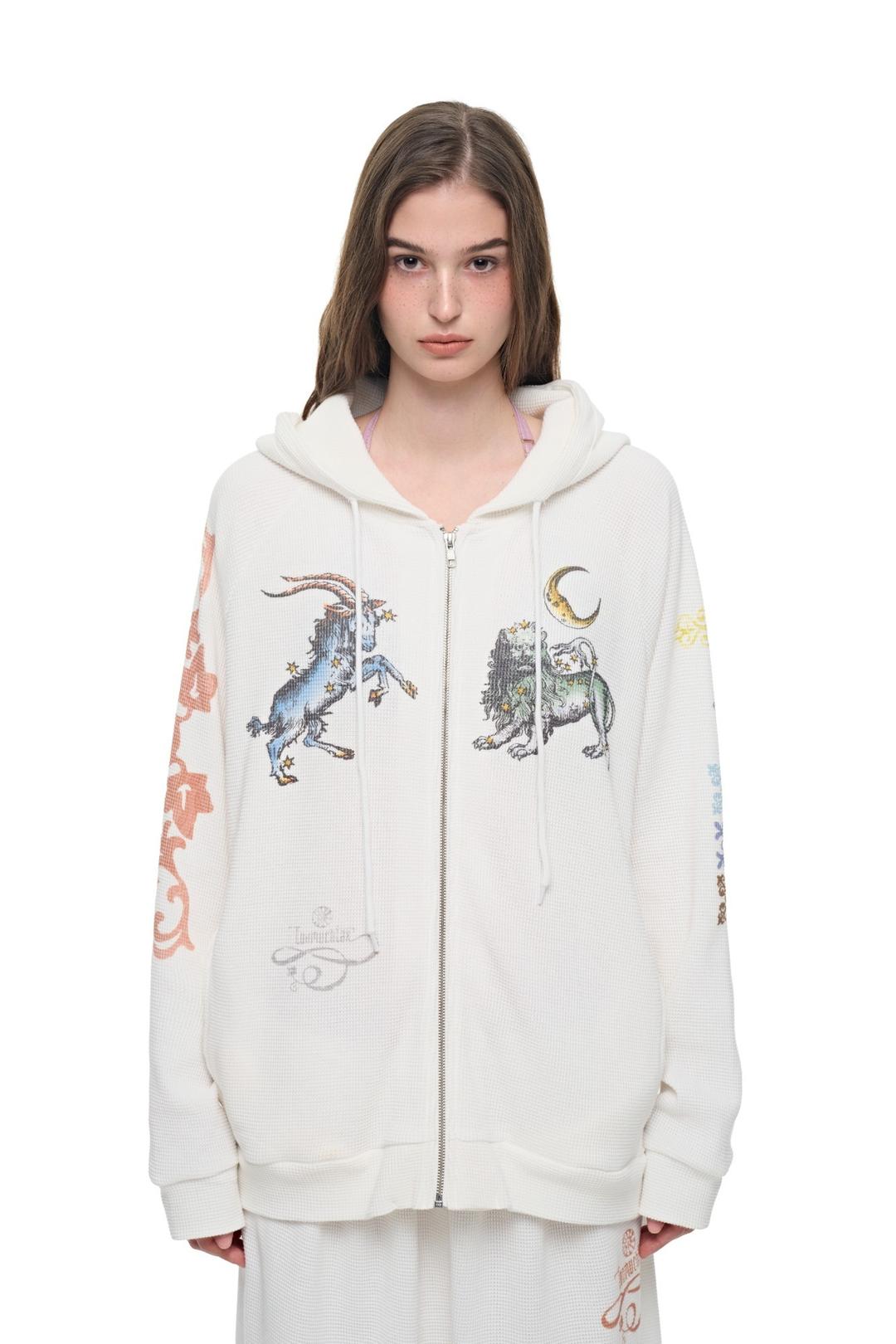 TWIN ZODIAC WAFFLE ZIP-UP HOODIE (WHITE)