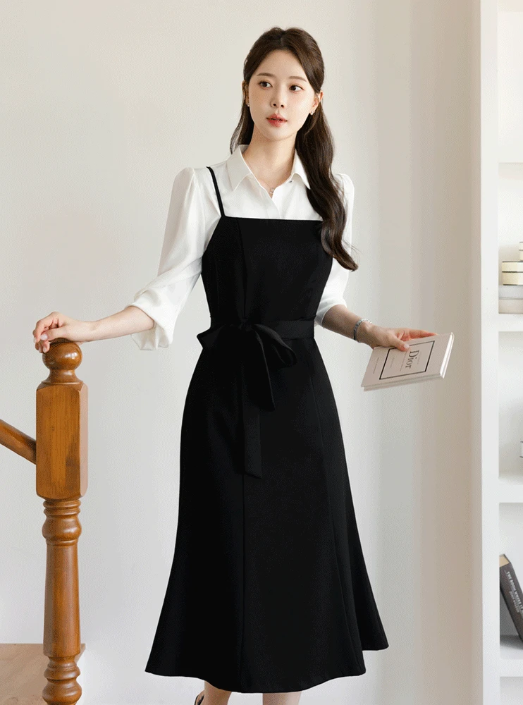 [페미닌무드/하객룩]디그니티 뷔스티에 벨트 플레어 원피스(롱,미니)