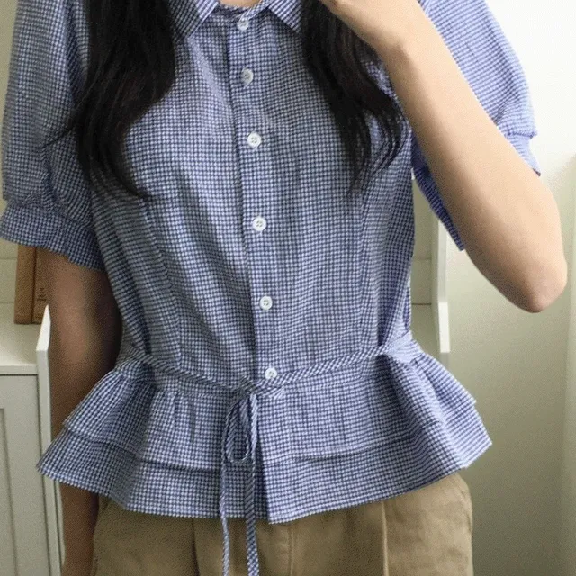 [귀여워요] 리비 체크 프릴 블라우스
