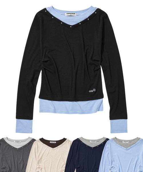 V넥 레이어드 스터드 슬림 롱슬리브 - 5color