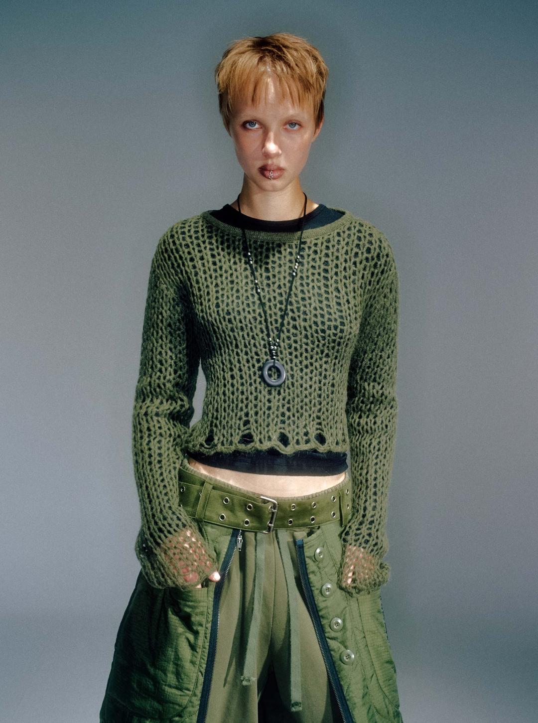 WOMEN GUPPY NET LAYERED KNIT SET KHAKI