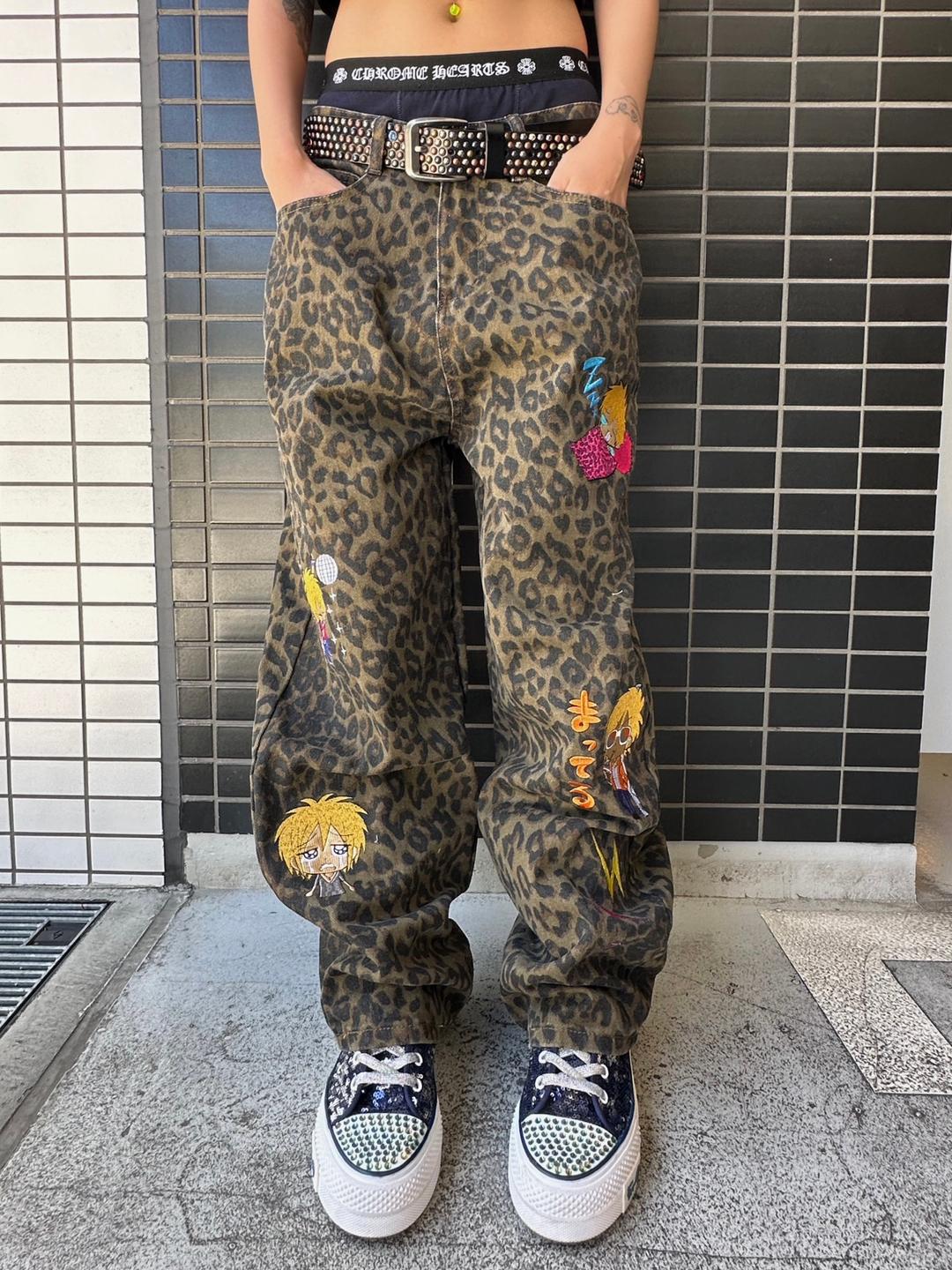 Embroidered Cartoon Leopard Print Loose Pants