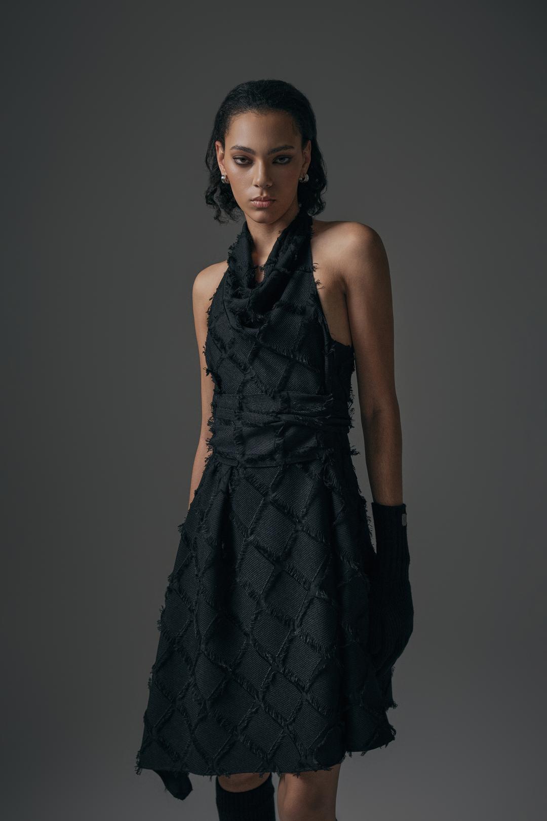 Fringe Halterneck Drape  One-piece [ Black ]