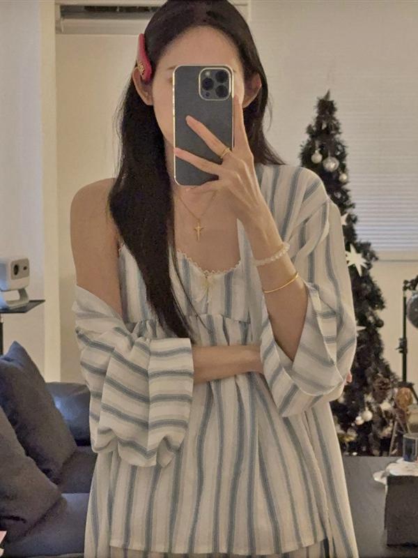 무드문 [캡내장] 미드블루 3pcs 민소매 로브 상하세트 파자마 잠옷