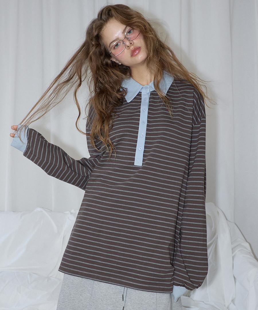 렌세 Striped Long Sleeve Rugby Tee Brown