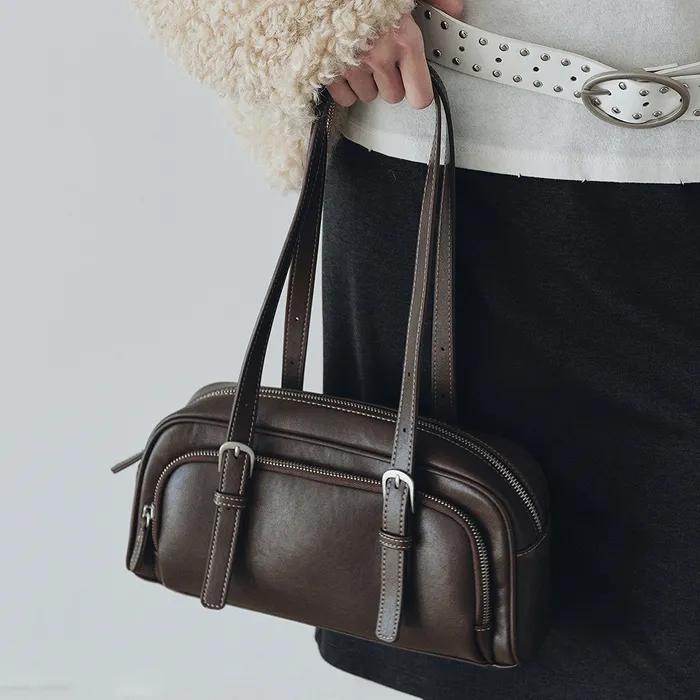 Two-Buckle Pocket Shoulder Bag (Brown)