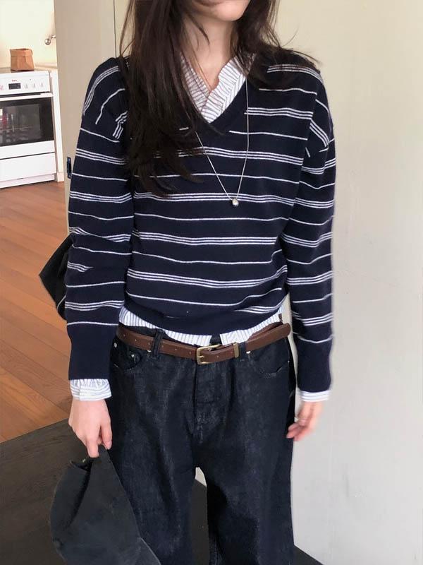 블렘토 스트라이프 프릴 블라우스