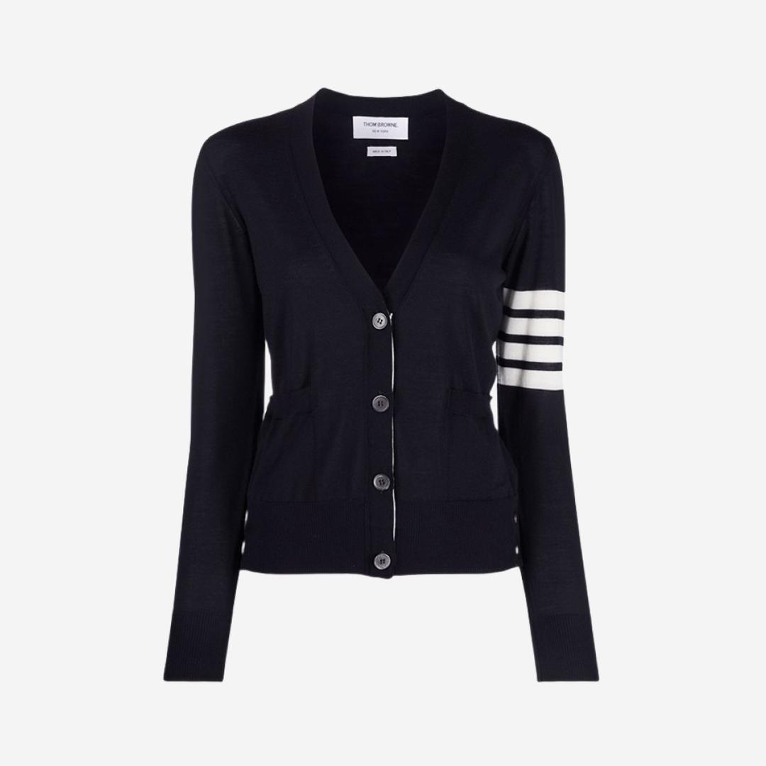 (W) Thom Browne Sustainable Fine Merino Wool 4-Bar Relaxed Fit V-Neck Cardigan Navy